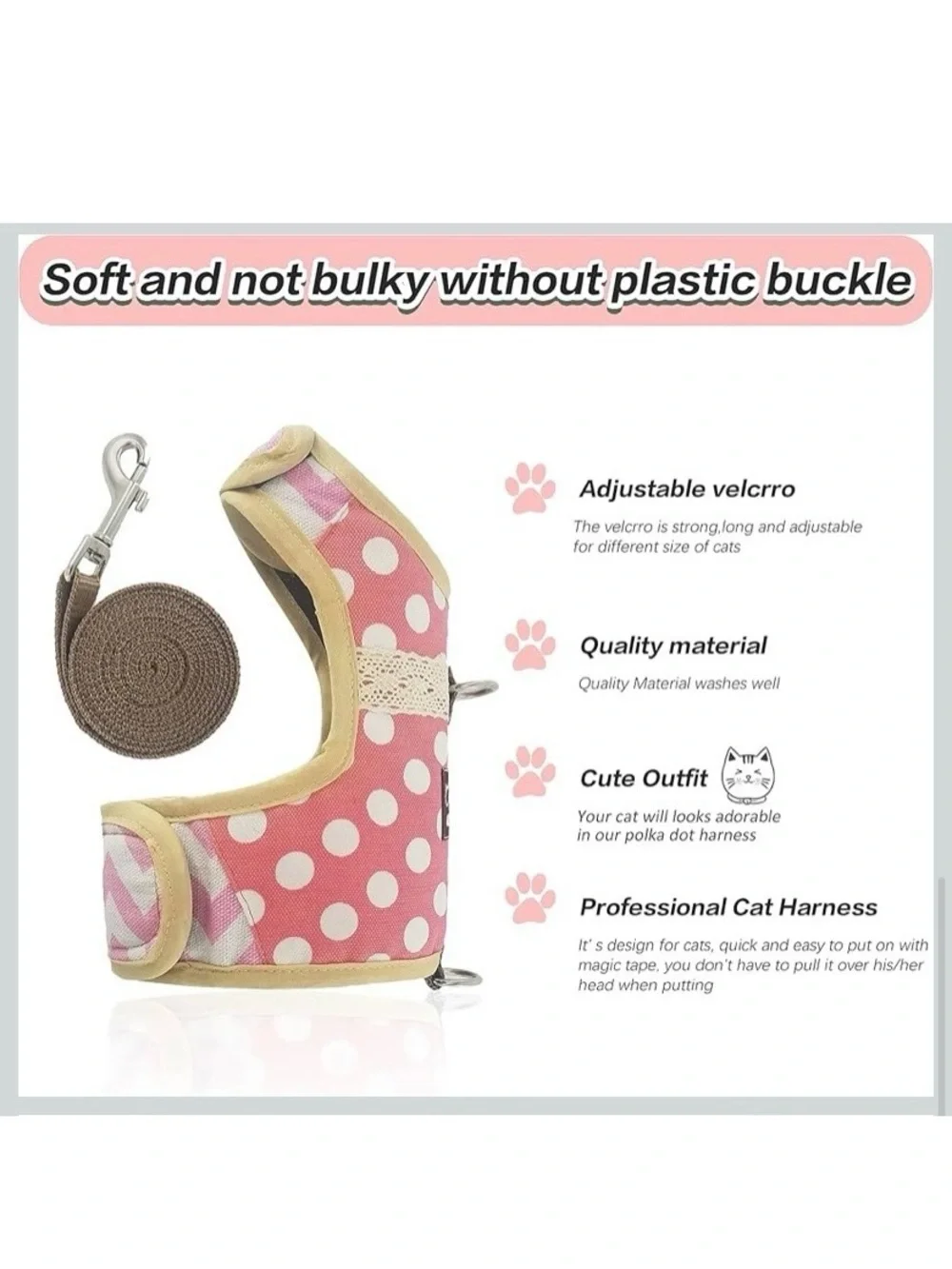Pink Polka Dot Cat Padded Velcro Harness with Leash